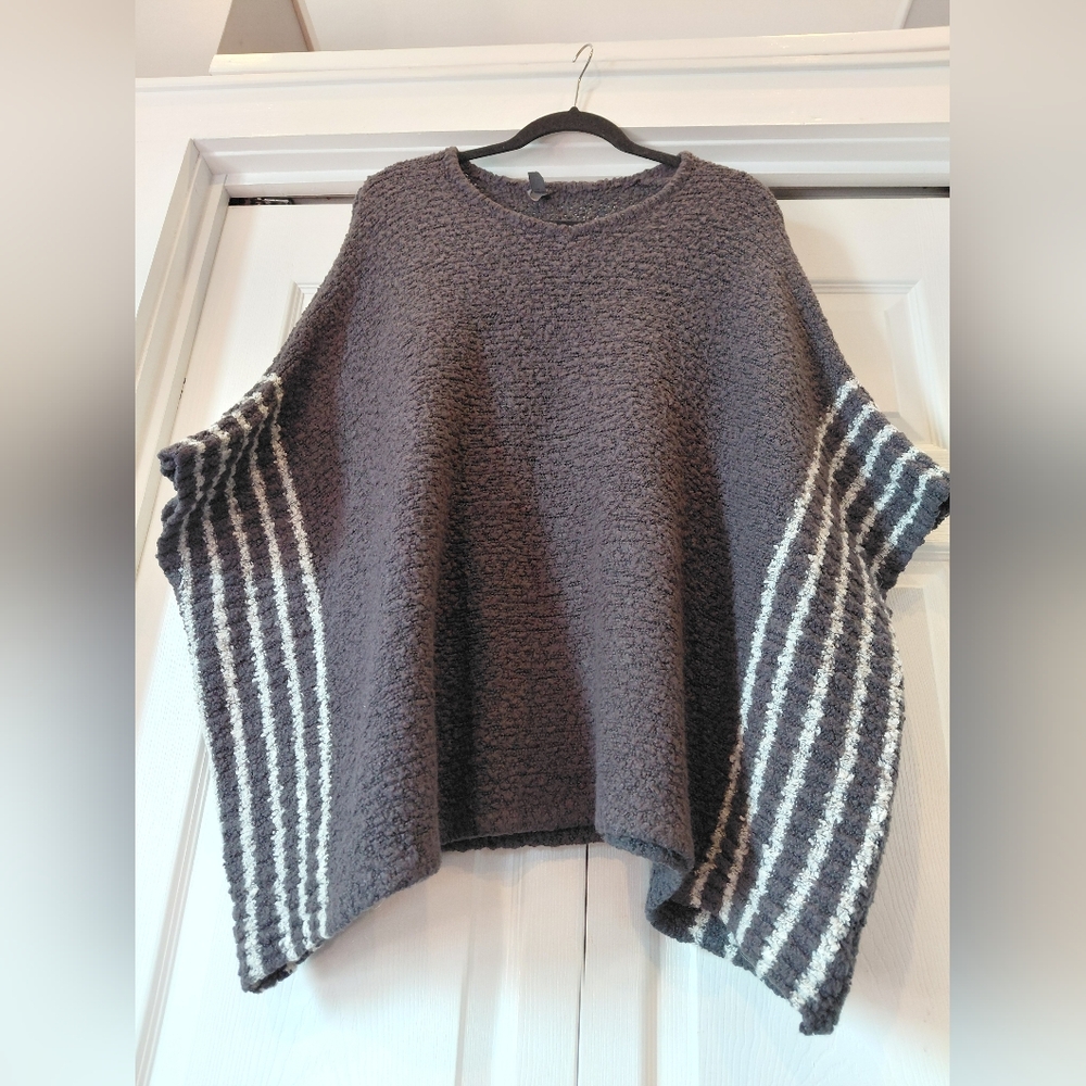Alya Charcoal Bouclé Poncho with Cream Striped Sleeves